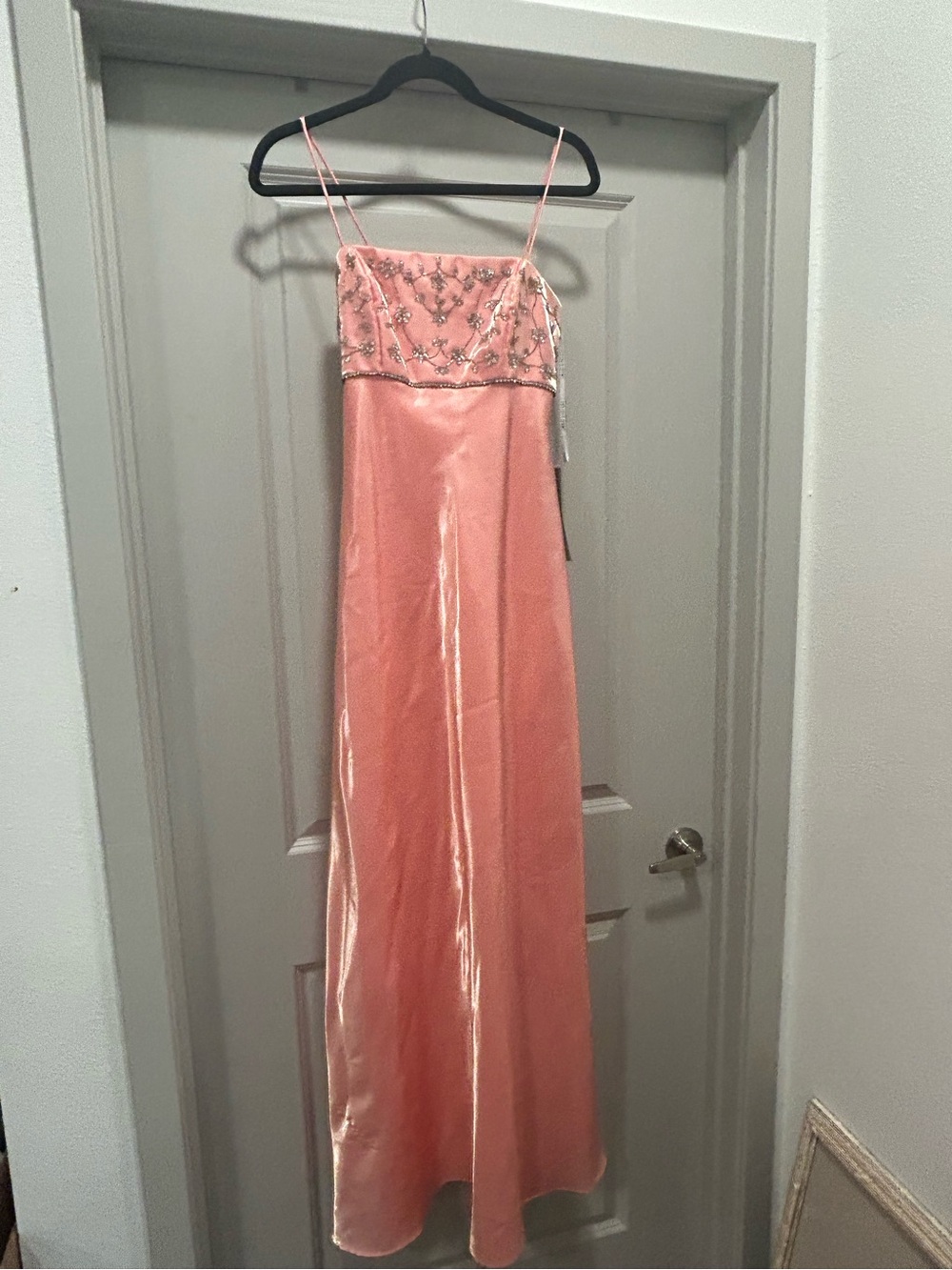 Peach/pink Satin Evening Gown with Embellished Bodice